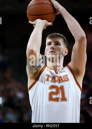 USA. 16. Februar 2019. Halbzeit. 16 Feb, 2019. Dylan Osetkowski #21 der Texas Longhorns in Aktion vs Oklahoma State Cowboys am Frank Erwin Center in Austin, Texas. Texas führt 38-27 an der Hälfte. Robert Backman/Cal Sport Media. Credit: Csm/Alamy leben Nachrichten Stockfoto