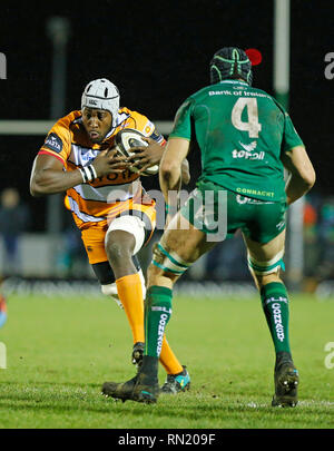 Sportplatz Galway, Galway, Irland. 16 Feb, 2019. Guinness Pro 14 Rugby, Connacht versus Geparden; Sintu Manjezi (Geparden) versucht, Vergangenheit Ultan Dillane (Connacht) Credit: Aktion plus Sport/Alamy Leben Nachrichten erhalten Stockfoto