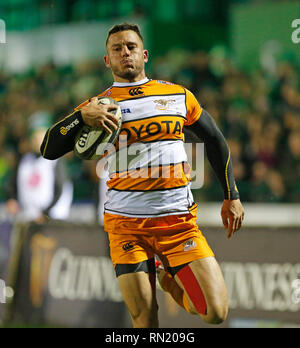 Sportplatz Galway, Galway, Irland. 16 Feb, 2019. Guinness Pro 14 Rugby, Connacht versus Geparden; Shaun Venter (Geparden) läuft, für die Linie ein Ergebnis von 60 Minuten versuchen Credit: Aktion plus Sport/Alamy leben Nachrichten Stockfoto