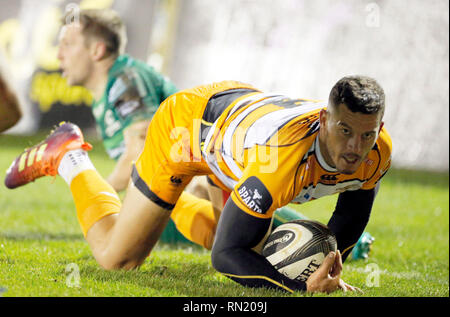 Sportplatz Galway, Galway, Irland. 16 Feb, 2019. Guinness Pro 14 Rugby, Connacht versus Geparden; Geparden Captain Shaun Venter mit Versuchen in der 60. Minute Credit: Aktion plus Sport/Alamy leben Nachrichten Stockfoto