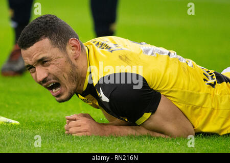 Niederlande. 16. Februar 2019. Arnheim, 16-02-2019, Stadion Gelredome, Saison 2018 / 2019, der niederländischen Eredivisie,/Vitesse player Oussama Darfalou schreien während dem Spiel Vitesse - Willem II Stockfoto