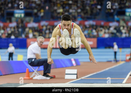 James Lelliott von Großbritannien & NI in Men's Long Jump Final während Muller Indoor Grand Prix in Birmingham 2019 im Arena Birmingham am Samstag, den 16. Februar 2019. BIRMINGHAM, ENGLAND. (Nur redaktionelle Nutzung, eine Lizenz für die gewerbliche Nutzung erforderlich. Keine Verwendung in Wetten, Spiele oder einer einzelnen Verein/Liga/player Publikationen.) Credit: Taka G Wu Stockfoto