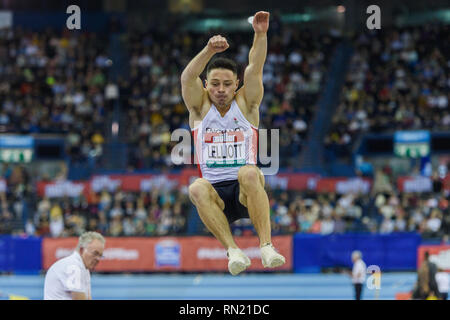 James Lelliott von Großbritannien & NI in Men's Long Jump Final während Muller Indoor Grand Prix in Birmingham 2019 im Arena Birmingham am Samstag, den 16. Februar 2019. BIRMINGHAM, ENGLAND. (Nur redaktionelle Nutzung, eine Lizenz für die gewerbliche Nutzung erforderlich. Keine Verwendung in Wetten, Spiele oder einer einzelnen Verein/Liga/player Publikationen.) Credit: Taka G Wu Stockfoto