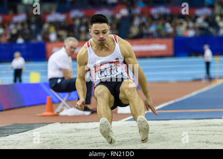 James Lelliott von Großbritannien & NI in Men's Long Jump Final während Muller Indoor Grand Prix in Birmingham 2019 im Arena Birmingham am Samstag, den 16. Februar 2019. BIRMINGHAM, ENGLAND. (Nur redaktionelle Nutzung, eine Lizenz für die gewerbliche Nutzung erforderlich. Keine Verwendung in Wetten, Spiele oder einer einzelnen Verein/Liga/player Publikationen.) Credit: Taka G Wu Stockfoto