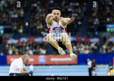 James Lelliott von Großbritannien & NI in Men's Long Jump Final während Muller Indoor Grand Prix in Birmingham 2019 im Arena Birmingham am Samstag, den 16. Februar 2019. BIRMINGHAM, ENGLAND. (Nur redaktionelle Nutzung, eine Lizenz für die gewerbliche Nutzung erforderlich. Keine Verwendung in Wetten, Spiele oder einer einzelnen Verein/Liga/player Publikationen.) Credit: Taka G Wu Stockfoto