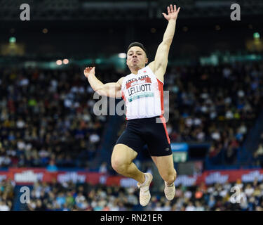 James Lelliott von Großbritannien & NI in Men's Long Jump Final während Muller Indoor Grand Prix in Birmingham 2019 im Arena Birmingham am Samstag, den 16. Februar 2019. BIRMINGHAM, ENGLAND. (Nur redaktionelle Nutzung, eine Lizenz für die gewerbliche Nutzung erforderlich. Keine Verwendung in Wetten, Spiele oder einer einzelnen Verein/Liga/player Publikationen.) Credit: Taka G Wu Stockfoto