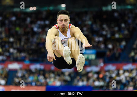 James Lelliott von Großbritannien & NI in Men's Long Jump Final während Muller Indoor Grand Prix in Birmingham 2019 im Arena Birmingham am Samstag, den 16. Februar 2019. BIRMINGHAM, ENGLAND. (Nur redaktionelle Nutzung, eine Lizenz für die gewerbliche Nutzung erforderlich. Keine Verwendung in Wetten, Spiele oder einer einzelnen Verein/Liga/player Publikationen.) Credit: Taka G Wu Stockfoto