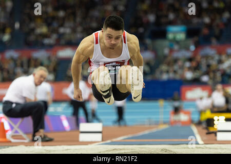 James Lelliott von Großbritannien & NI in Men's Long Jump Final während Muller Indoor Grand Prix in Birmingham 2019 im Arena Birmingham am Samstag, den 16. Februar 2019. BIRMINGHAM, ENGLAND. (Nur redaktionelle Nutzung, eine Lizenz für die gewerbliche Nutzung erforderlich. Keine Verwendung in Wetten, Spiele oder einer einzelnen Verein/Liga/player Publikationen.) Credit: Taka G Wu Stockfoto