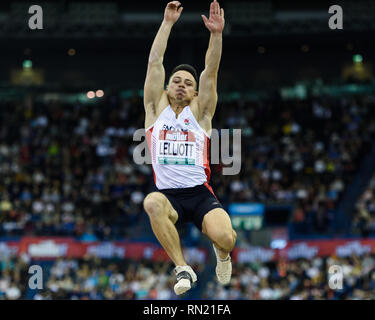 James Lelliott von Großbritannien & NI in Men's Long Jump Final während Muller Indoor Grand Prix in Birmingham 2019 im Arena Birmingham am Samstag, den 16. Februar 2019. BIRMINGHAM, ENGLAND. (Nur redaktionelle Nutzung, eine Lizenz für die gewerbliche Nutzung erforderlich. Keine Verwendung in Wetten, Spiele oder einer einzelnen Verein/Liga/player Publikationen.) Credit: Taka G Wu Stockfoto