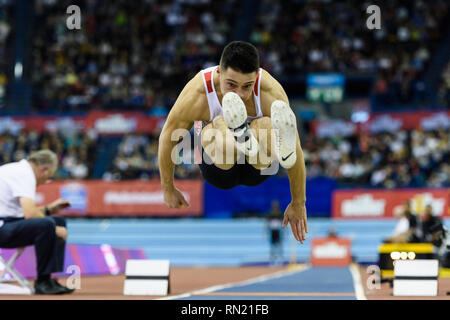 James Lelliott von Großbritannien & NI in Men's Long Jump Final während Muller Indoor Grand Prix in Birmingham 2019 im Arena Birmingham am Samstag, den 16. Februar 2019. BIRMINGHAM, ENGLAND. (Nur redaktionelle Nutzung, eine Lizenz für die gewerbliche Nutzung erforderlich. Keine Verwendung in Wetten, Spiele oder einer einzelnen Verein/Liga/player Publikationen.) Credit: Taka G Wu Stockfoto