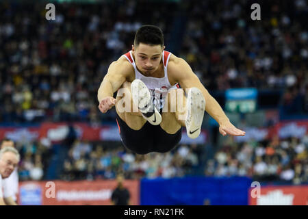 James Lelliott von Großbritannien & NI in Men's Long Jump Final während Muller Indoor Grand Prix in Birmingham 2019 im Arena Birmingham am Samstag, den 16. Februar 2019. BIRMINGHAM, ENGLAND. (Nur redaktionelle Nutzung, eine Lizenz für die gewerbliche Nutzung erforderlich. Keine Verwendung in Wetten, Spiele oder einer einzelnen Verein/Liga/player Publikationen.) Credit: Taka G Wu Stockfoto