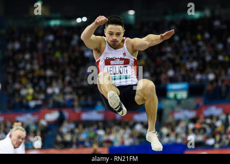 James Lelliott von Großbritannien & NI in Men's Long Jump Final während Muller Indoor Grand Prix in Birmingham 2019 im Arena Birmingham am Samstag, den 16. Februar 2019. BIRMINGHAM, ENGLAND. (Nur redaktionelle Nutzung, eine Lizenz für die gewerbliche Nutzung erforderlich. Keine Verwendung in Wetten, Spiele oder einer einzelnen Verein/Liga/player Publikationen.) Credit: Taka G Wu Stockfoto