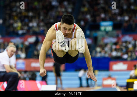 James Lelliott von Großbritannien & NI in Men's Long Jump Final während Muller Indoor Grand Prix in Birmingham 2019 im Arena Birmingham am Samstag, den 16. Februar 2019. BIRMINGHAM, ENGLAND. (Nur redaktionelle Nutzung, eine Lizenz für die gewerbliche Nutzung erforderlich. Keine Verwendung in Wetten, Spiele oder einer einzelnen Verein/Liga/player Publikationen.) Credit: Taka G Wu Stockfoto