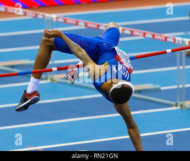 Muller Indoor Grand Prix 2019 IN BIRMINGHAM, ENGLAND: JERON ROBINSON in der mens High Jump während der Die Muller Indoor Grand Prix 2019 die Arena Birmingham am 16. Februar 2019 in Birmingham, England. Stockfoto