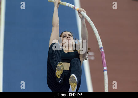 Birmingham, Großbritannien. 16. Februar 2019. Katerina Stefanidi Griechenlands in Women's Polo Vault Final während Muller Indoor Grand Prix in Birmingham 2019 im Arena Birmingham am Samstag, den 16. Februar 2019. BIRMINGHAM, ENGLAND. (Nur redaktionelle Nutzung, eine Lizenz für die gewerbliche Nutzung erforderlich. Keine Verwendung in Wetten, Spiele oder einer einzelnen Verein/Liga/player Publikationen.) Credit: Taka G Wu Stockfoto