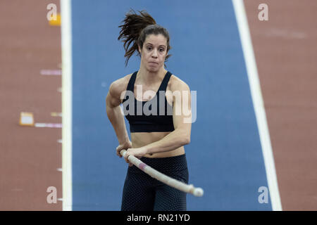 Birmingham, Großbritannien. 16. Februar 2019. Katerina Stefanidi Griechenlands in Women's Polo Vault Final während Muller Indoor Grand Prix in Birmingham 2019 im Arena Birmingham am Samstag, den 16. Februar 2019. BIRMINGHAM, ENGLAND. (Nur redaktionelle Nutzung, eine Lizenz für die gewerbliche Nutzung erforderlich. Keine Verwendung in Wetten, Spiele oder einer einzelnen Verein/Liga/player Publikationen.) Credit: Taka G Wu Stockfoto