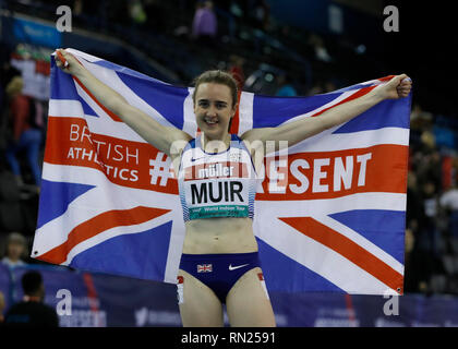 Birmingham, Großbritannien. 16 Feb, 2019. Laura Muir von Großbritannien feiert nach einer der Frauen 800 m-Finale bei den Muller Indoor Grand Prix in Birmingham, Großbritannien am 13.02.16., 2019. Muir gewann mit 4 Minuten 18,75 Sekunden und brach die National Indoor aufzeichnen. Credit: Han Yan/Xinhua/Alamy leben Nachrichten Stockfoto