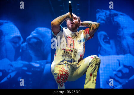 Birmingham, Großbritannien. 16. Februar 2019. Post Malone, realen Namen Austin Richard Rapper, Sänger, Songwriter und Musikproduzent durchführen an den Resorts World Arena, Birmingham 2019-02-16 Credit: Gary Mather/Alamy leben Nachrichten Stockfoto