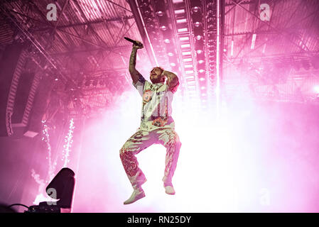 Birmingham, Großbritannien. 16. Februar 2019. Post Malone, realen Namen Austin Richard Rapper, Sänger, Songwriter und Musikproduzent durchführen an den Resorts World Arena, Birmingham 2019-02-16 Credit: Gary Mather/Alamy leben Nachrichten Stockfoto