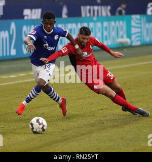 Gelsenkirchen, Deutschland. 16 Feb, 2019. Rabbi Matondo (L) von Schalke 04 Mias mit Vincenzo Grifo Freiburg während dem Bundesligaspiel zwischen dem FC Schalke 04 und SC Freiburg in Gelsenkirchen, Deutschland, Feb.16, 2019. Das Spiel endete mit einem 0:0-Unentschieden. Quelle: Joachim Bywaletz/Xinhua/Alamy leben Nachrichten Stockfoto