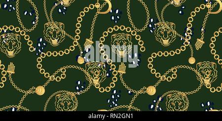 Tiger Kopf und gold Ketten grün muster Fashion wild vektor design. Schmuck Anhänger Zubehör nahtlose Drucken mit tierischen Haut Textur für Schals, Stock Vektor