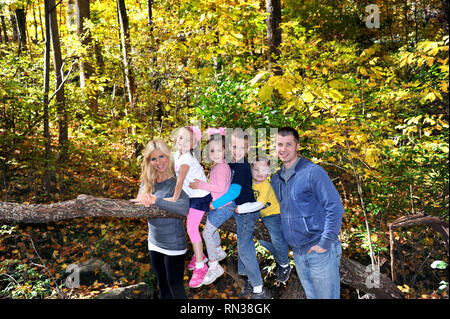 Vier Kinder, die von Mamma und Vati flankiert, Pose auf einer schiefen Baum Gliedmaßen in einem Wald im östlichen Tennessee. Die Familie genießt den Herbst und wenn schöne Farbe Stockfoto