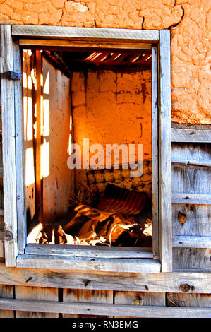 Abgebrochene adobe Startseite sitzt Offen für die Elemente. Kann Innenraum durch das Fenster gesehen werden und hat bleibt der Bettfedern, Dach Zinn, und Unkraut. Stockfoto