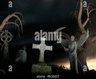 Steinerne Engel des Todes in einer gespenstischen Friedhof bei Nacht - 3D-Rendering Stockfoto
