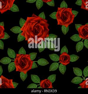Nahtlose Muster mit roten Rosen. Wunderschöne realistische Blumen mit Blättern. Photorealixtic rose bud, sauber vector High Ausführliche führen. Stock Vektor