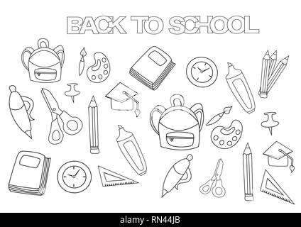 Zurück zur Schule. Malbuch Seite Vorlage. Umrisse doodle Vector Illustration. Stock Vektor