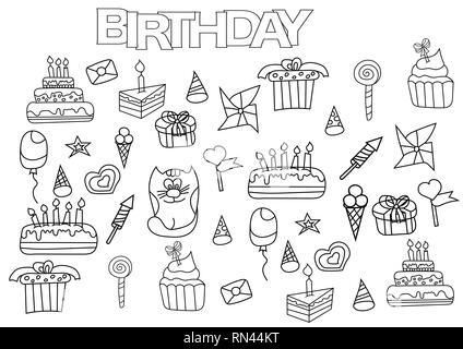 Hand gezeichnet Geburtstag eingestellt. Malbuch Seite Vorlage. Umrisse doodle Vector Illustration. Stock Vektor