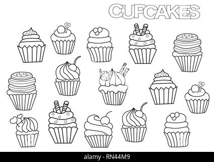 Hand gezeichnet Cupcakes. Malbuch Seite Vorlage. Umrisse doodle Vector Illustration. Stock Vektor