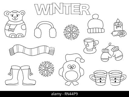 Hand Winter. Malbuch Vorlage. Umrisse doodle Elemente Vector Illustration. Kinder Spiel Seite. Stock Vektor