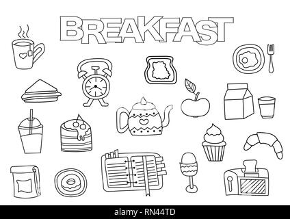 Hand gezeichnet Frühstück. Malbuch Vorlage. Umrisse doodle Elemente Vector Illustration. Kinder Spiel Seite. Stock Vektor