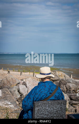 Freuden des Lesens, Frau am Strand, Worthing, West Sussex, England, Großbritannien Stockfoto