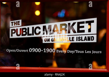 Öffnungszeiten des Granville Island Public Market, Vancouver, British Columbia, Kanada Stockfoto