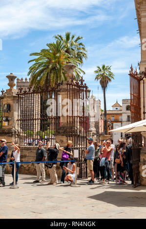 Touristen Warteschlange für Tickets, die Kathedrale von Sevilla, Andalusien, Spanien. Auf der Website der Maurischen Almohaden Moschee aus dem 12. Jahrhundert erbaut, ist es ein o Stockfoto