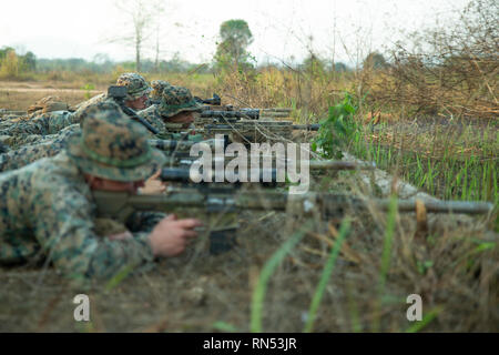 Marines mit Waffen Firma, Bataillon Landung Team, 1.BATAILLON, 4 Marines, an einer live Brand von Cobra Gold 19, Camp Ban Chan Khrem, Khao Khitchakut Bezirk, Thailand, 13.02.2019. Übung Cobra Gold zeigt das Engagement des Königreichs Thailand und den Vereinigten Staaten zu unseren langjährigen Allianz, fördert regionale Partnerschaften und Vorschüsse Sicherheitszusammenarbeit im Indo-pazifischen Region. Die 31 Marine Expeditionary Unit, die Marine Corps' nur kontinuierlich vorwärts - bereitgestellt MEU, bietet eine flexible und tödlicher Gewalt bereit, eine breite Palette von militärischen o durchführen Stockfoto