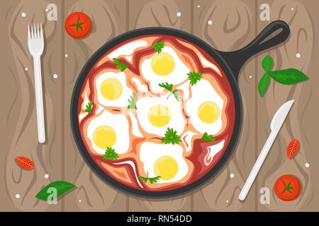 National Food in Israel. Flache Vector Illustration. Die Aussicht von oben. Shakshouka Stock Vektor