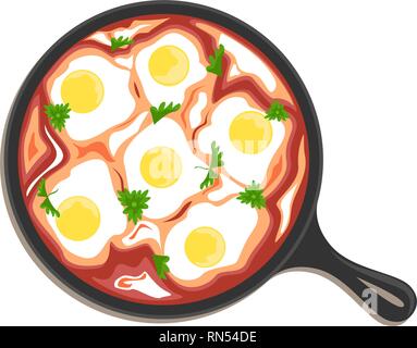 National Food in Israel. Flache Vector Illustration. Die Aussicht von oben. Shakshouka Stock Vektor