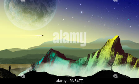 Explorer astronaut im sci-fi Landschaft mit Planeten, Berge und Bäume. Elemente der NASA eingerichtet Stockfoto