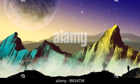 Explorer astronaut im sci-fi Landschaft mit Planeten und die Berge. Elemente der NASA eingerichtet Stockfoto