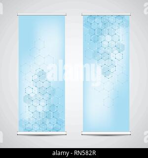 Roll Up Banner steht mit abstrakten geometrischen Hintergrund aus Sechsecken Muster. Stock Vektor