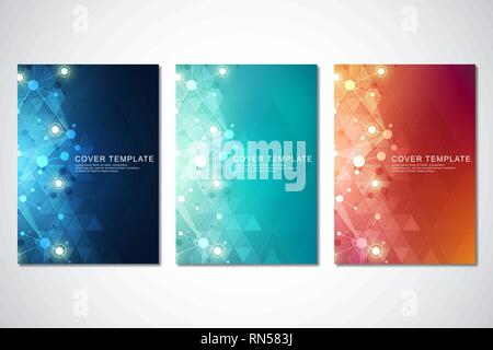 Vektor Vorlage für Abdeckung oder Broschüre, mit Molekülen, die Hintergrund- und neuronalen Netzwerk. Abstrakte geometrische Hintergrund der verbundenen Linien und Punkte Stock Vektor