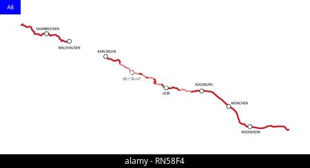 Deutsche Autobahn A8. Die Bundesautobahn 8. Straßenkarte von Deutschland Stock Vektor