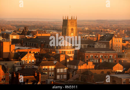 Luftaufnahme von Nottingham City bei Sonnenuntergang, Nottinghamshire England Großbritannien Stockfoto