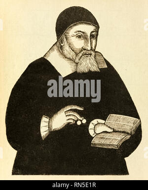 Richard Mather (1596-1669) zunächst in einer Linie der New England Puritanische Geistliche und Leiter des New England Congregationalism der Co - die "Bay Psalm Book" im Jahre 1640 veröffentlicht. Nachdruck der original Holzschnitt von John Foster (1648-1681) Die frühesten Amerikanischen gravieren, die von Richard Mather getauft wurde, erschienen ca. 1670. Stockfoto