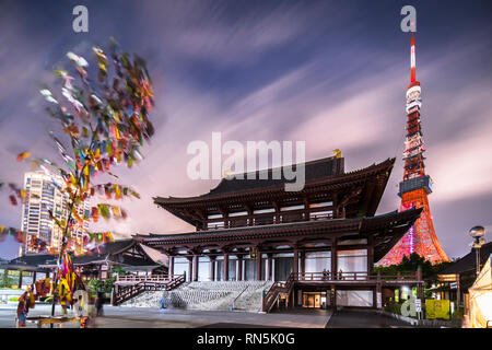 Japanische Laternen aus handgeschöpftem Reispapier in der Form einer Milchstraße beleuchtet die Steine der Schritte der Zojoji Tempel angeordnet. Stockfoto