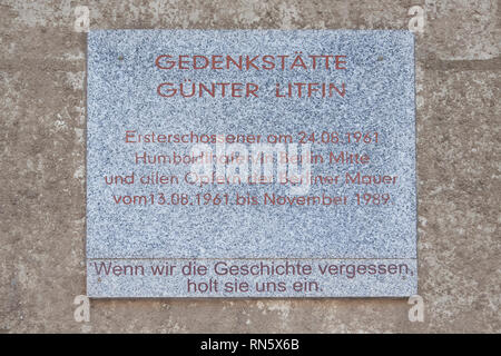 Gedenkstätte Günter Litfin, Er war das erste Opfer von DDR-Grenztruppen getötet zu werden, die Erste, die Wunden zu Schussverletzungen erliegen Stockfoto