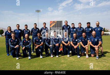 Muscat, Oman. 17, Februar, 2019. Bild zeigt: Die Schottland Gruppe posieren für ein Team Bild vor, wie sie auf dem Host Land am dritten Tag der Oman viereckigen Serie. Credit: Ian Jacobs Credit: Ian Jacobs/Alamy leben Nachrichten Stockfoto